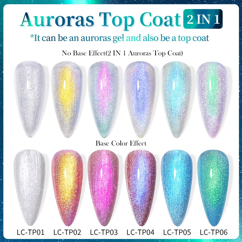 LILYCUTE Auroras Sparking Effect Top Coat Gel Nail Polish Chrome Gold Glitter Soak Off 2 In 1 Function Gel DIY Nail Art Manicure 240625