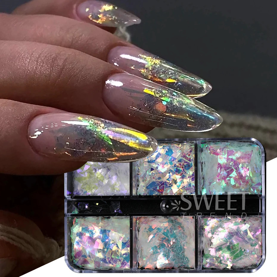 6 Grids AB Iridescent Nail Glitter Flakes Irregular Aurora Sparkle Sequin Crystal Glass Fairy Paillette DIY Manicure Decor Slice 240625