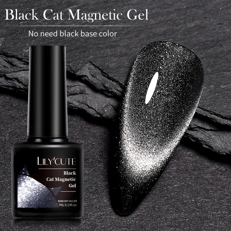 LILYCUTE 7ML Black Crystal Cat Magnetic gel Glitter gel nail polish Semi anent UV gel Nail Art Without Background Color 240625