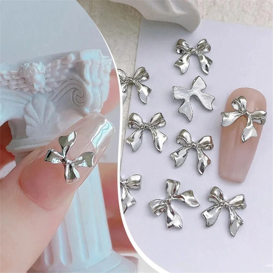 10 pieces/bag Metal 3D Bow Grey Gold Jewelry Nail Art Decoration Studs Charming Rhinestone Handmade Decoration DIY Women 240625