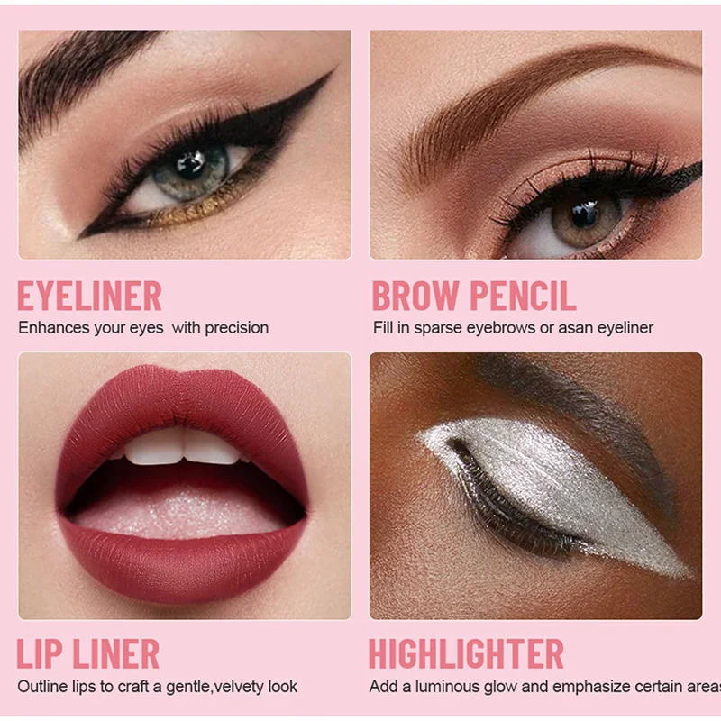 4 In 1 Face Makeup Pen Multi-functional High Gloss Lip Line Eyeliner Eyebrow Pencil Long Lasting Waterproof Cosmetics 240625