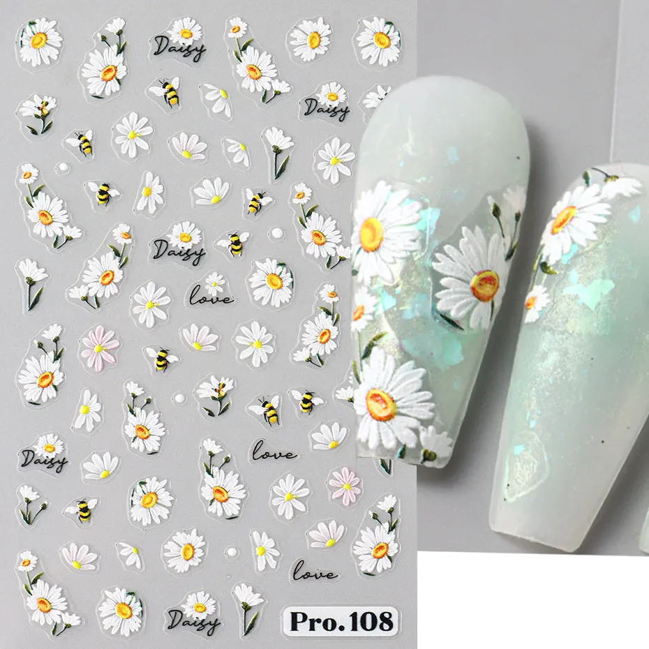 5D Cute Bees Chrysanthemums Nail Stickers Petals Flowers Butterflies Insects Self Adhesive Craft Stickers DIY Charm Foil Decorative Nails 240625