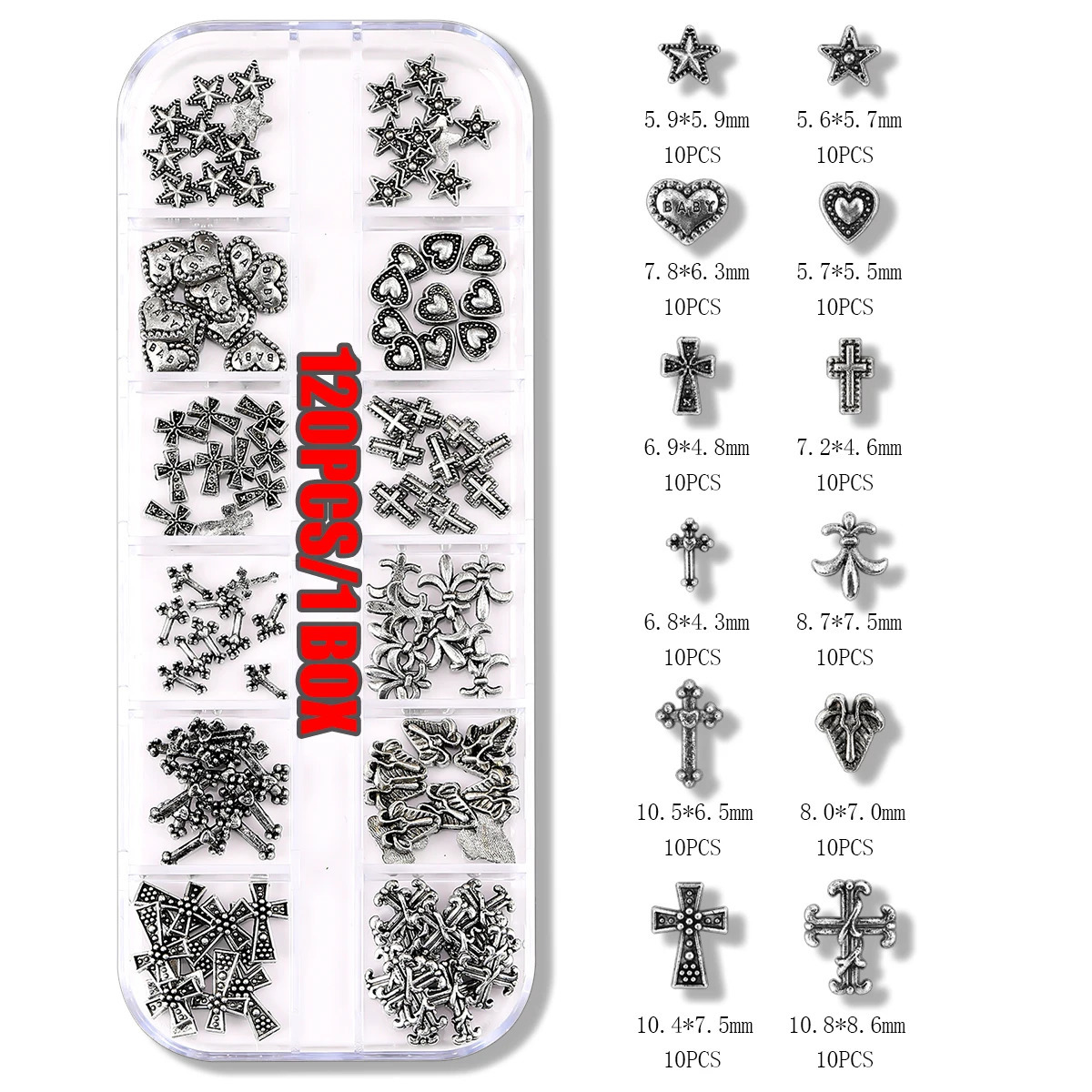 120 pieces/box European and American dark retro style cross nail art patch Y2K high-end metal style heart-shaped nail decoration set 240625