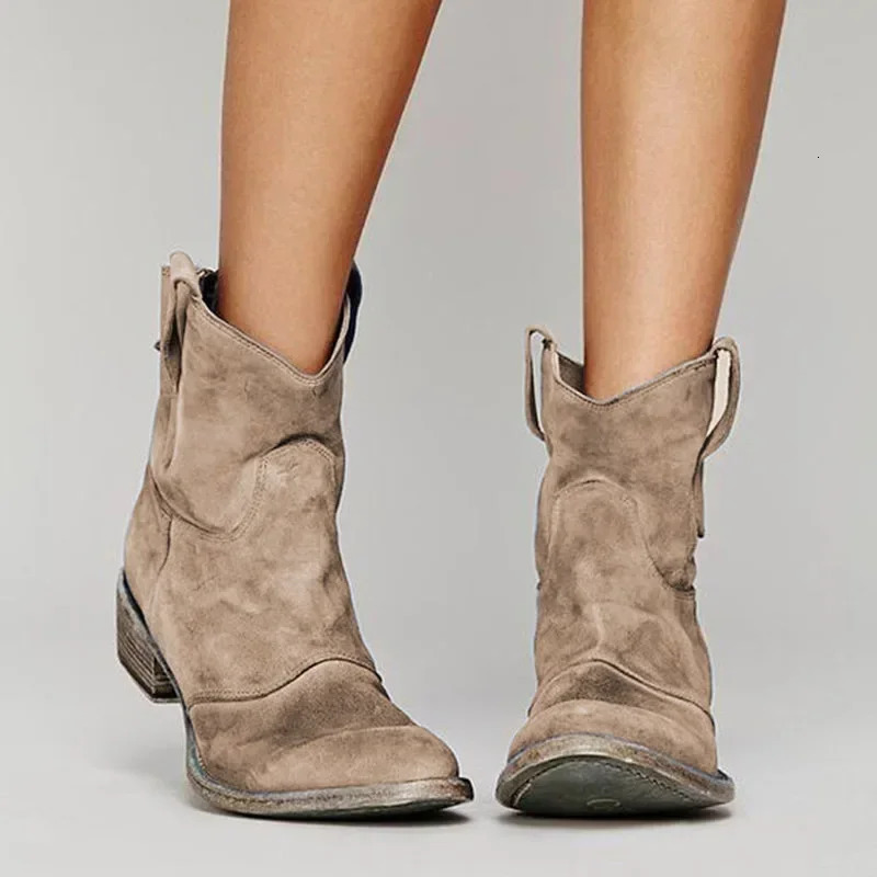 Vintage Cowboy Ankle Boots for Women Pointed Toe Low Heels Western Botas Female 2024 Autumn Winter Slip on PU Leather Booties 240626
