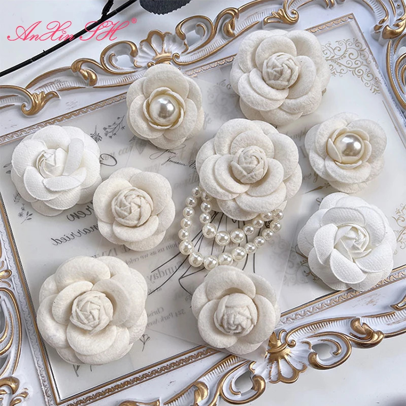 AnXin SH White Camellia Brooch Handmade Collar Black Wine Red Rose Stereo Brooch Battery Advanced Decorative Battery 240617