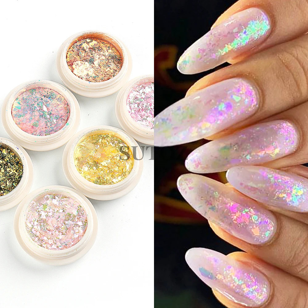 Crystal Opal Nail Flakes Pink Purple Holographic Glitter Nail Sequins Aurora Chrome Foil Powder DIY Manicure Decoration GLB-ONB 240625