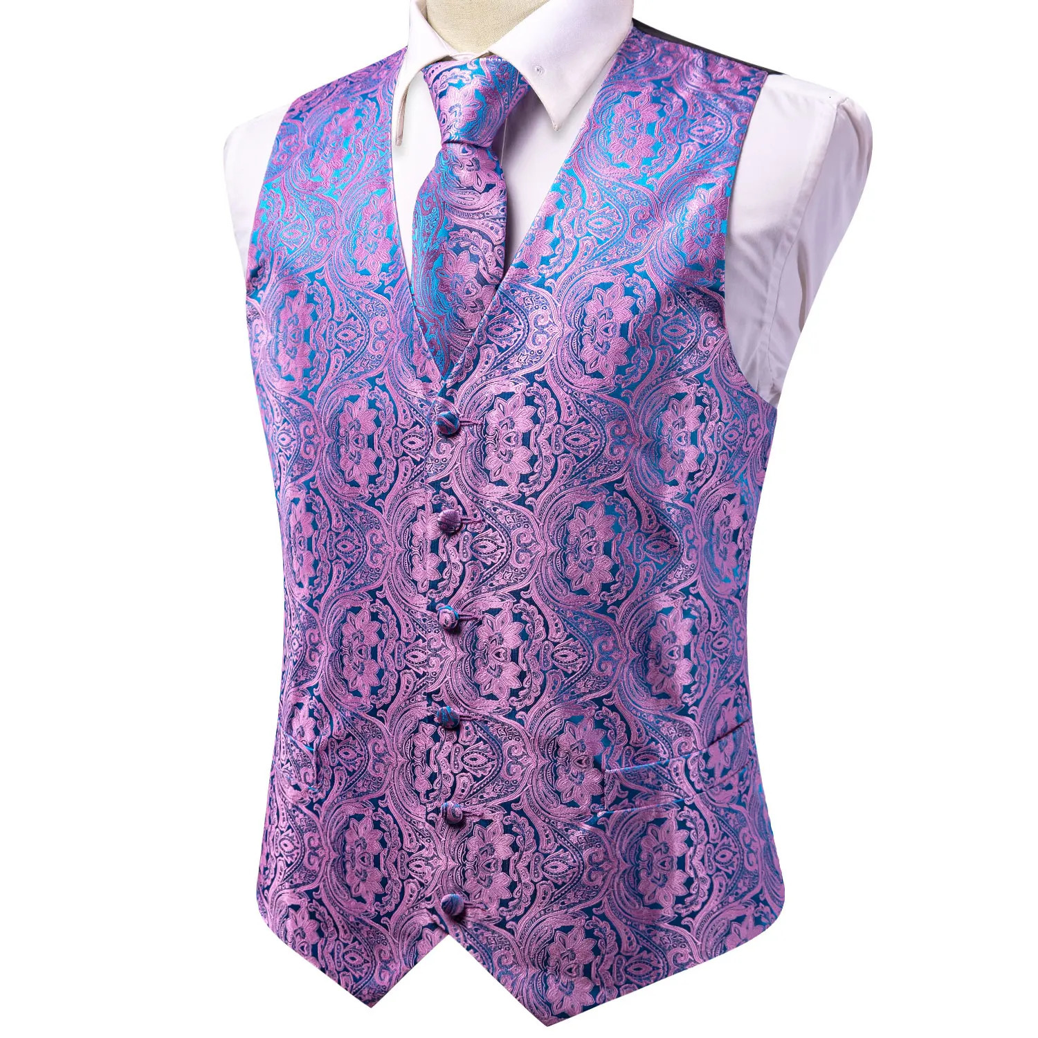 Wedding Purple Silk Men Vest Paisley Slim Fit Necktie Hankerchief Cufflinks Sets Male Sleeveless V-Neck Waistcoat Party Hi-Tie 240615