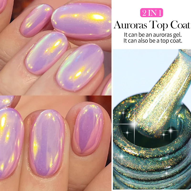 LILYCUTE Auroras Sparking Effect Top Coat Gel Nail Polish Chrome Gold Glitter Soak Off 2 In 1 Function Gel DIY Nail Art Manicure 240625