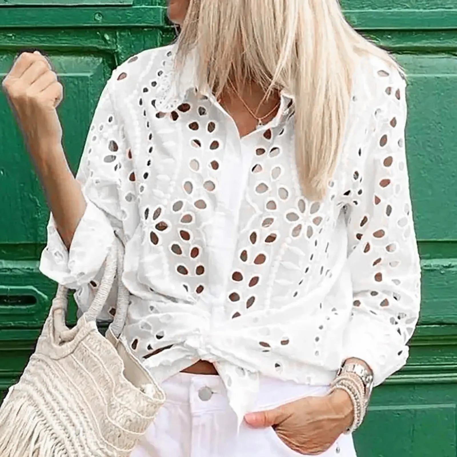Elegant Eyelet Embroidered White Shirts: Crochet Lace Blouse Hollow Out Loose Top for Women