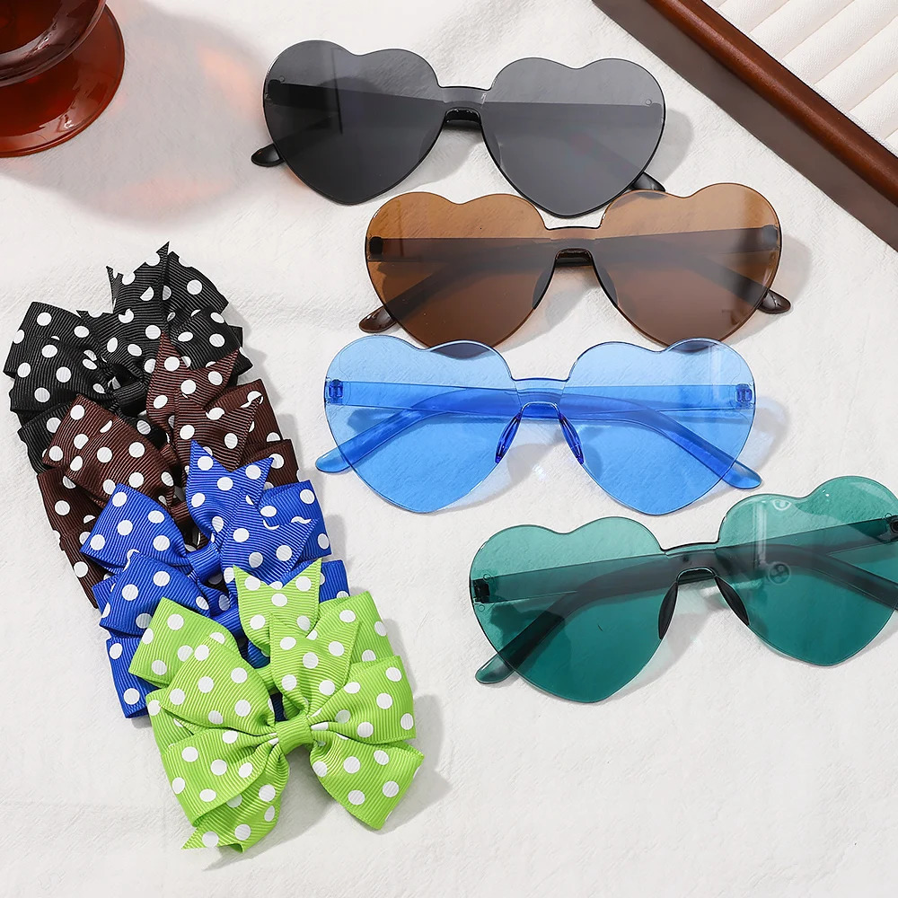 3PcsPack Solid Dot Hair Bows Clip Girls Boutique Bowknot Clips Kids Colorful Heart Sun Glasses Children Accessories 240625