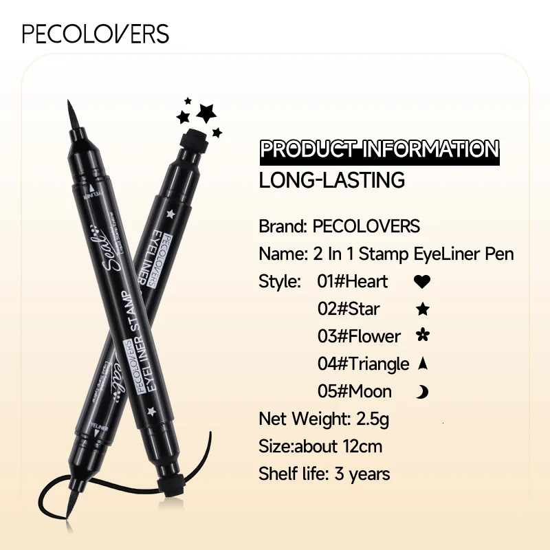 1pcs Black Eyeliner Pen Waterproof Not Blooming Long-lasting Eye Pencil Double Head Moon Star Heart Flower Liquid Eyeliner Pen 240625