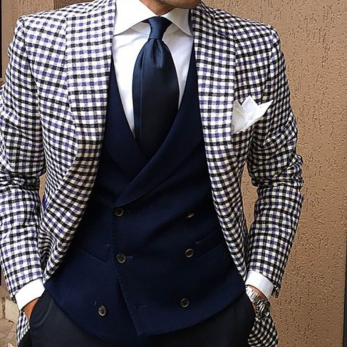Plaid Men Jacket Peaked Lapel One Piece Prom Groom Tuxedos Slim Fit For Business Wedding Custom