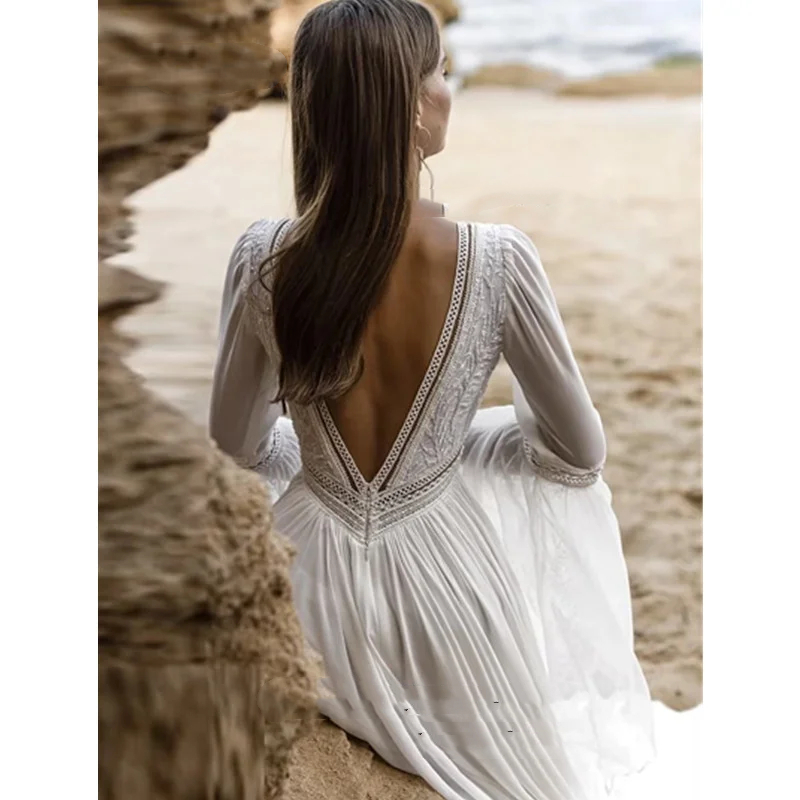 Beach Long Chiffon Wedding Dresses Deep V-Neck Pleats Long Flare Sleeves Boho Bridal Gowns Lace Appliques Backless White Wedding Gown Sweep Train 2024