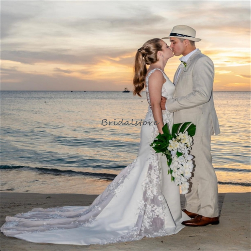 Elegant Destination Beach Mermaid Wedding Dresses 2024 Celtic Rustic Country Lace Bridal Dress Backless Soft Satin Bride Dress Vestido De Noiva Casame