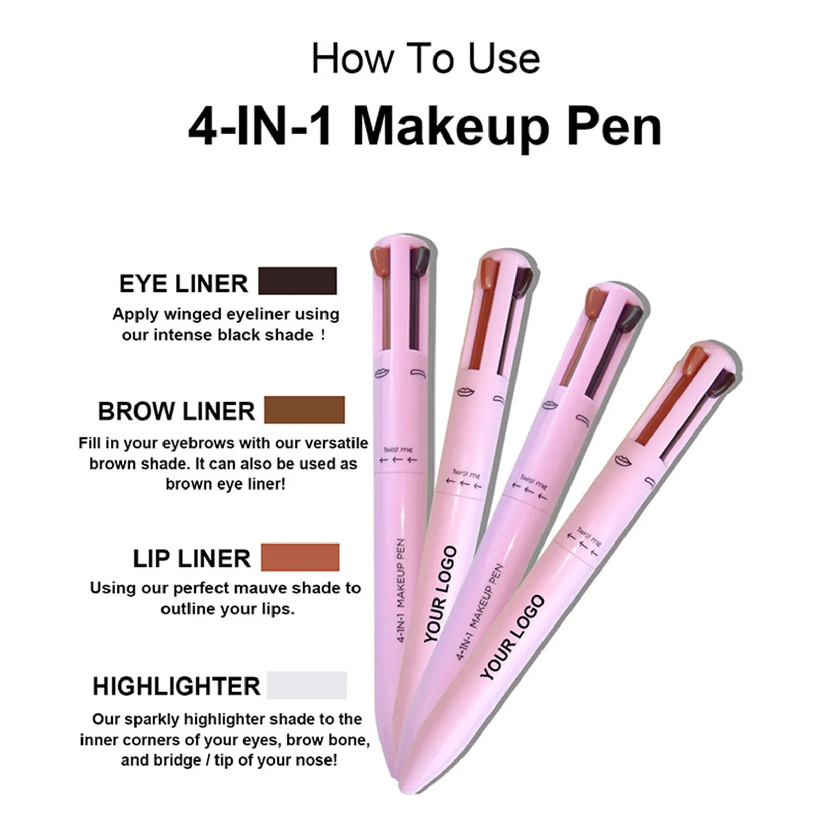 4 In 1 Eyebrow Eyeliner Lip Liner Highlighter Pencil Waterproof Drawing Eye Brow Long Lasting Sweatproof Makeup Cosmetic Tools 240625