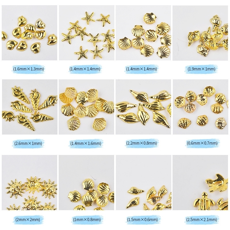 1 box of gold ocean themed metal studs starfish shells turtle pieces 3D nail art decoration wheels DIY UV handmade tools 240625