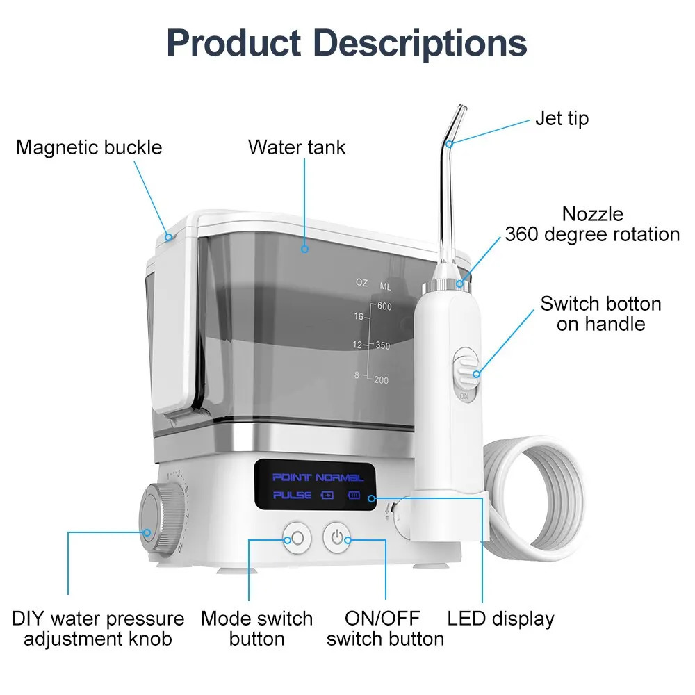 Oral Irrigator USB Rechargeable 10 Levels Water Flosser Portable Dental Water Jet 600ML Water Tank Household Teeth Cleaner 240625