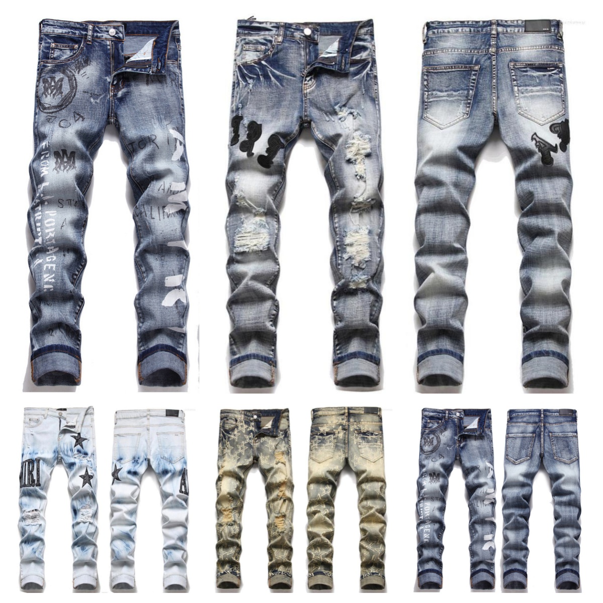European American Trend Jean Letter Star Jean Mens High Quality Embroidery Patchwork Ripped Jeans Trend Brand Motorcycle Pant Mens Skinny Jeans