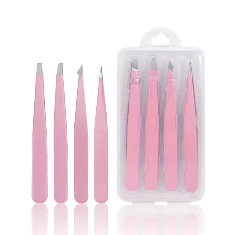 Pink 24Pcs High-Quality Eyebrow Tweezer Hair Beauty Fine Hairs Puller Stainless Steel Slanted Brow Clips Removal Makeup Tools 240626