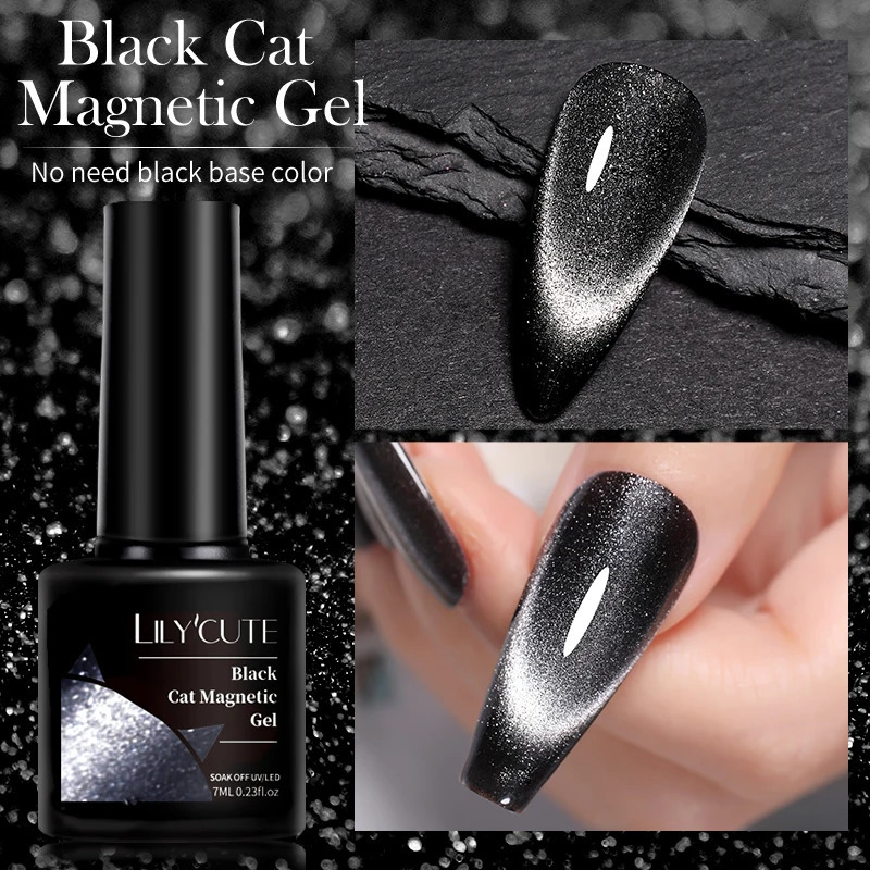 LILYCUTE 7ML Black Crystal Cat Magnetic gel Glitter gel nail polish Semi anent UV gel Nail Art Without Background Color 240625