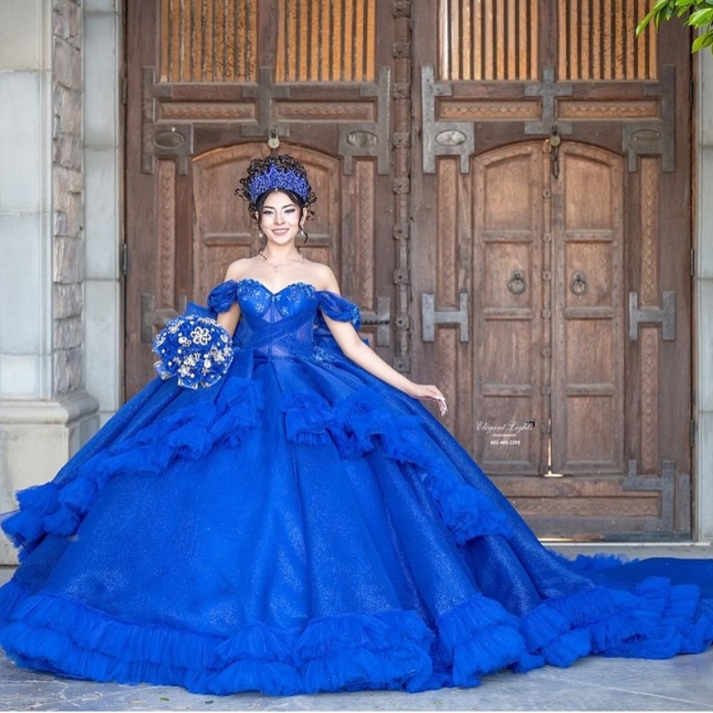 Royal Blue Shiny Ball Quinceanera Dresses Vestidos De 15 Anos Quinceaneras 2024 Tulle Ruffles Brithday Gown Sweet 16 Dress