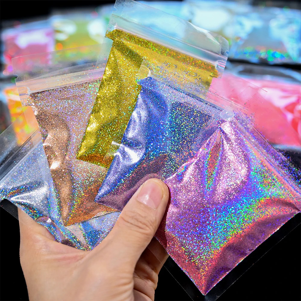 10g/5g Laser Holographic Rainbow Nail Glitter 0.2mm Ultra Fine Sparkly Nail Powder Rub Dust Glitter Chrome Pigment 240625