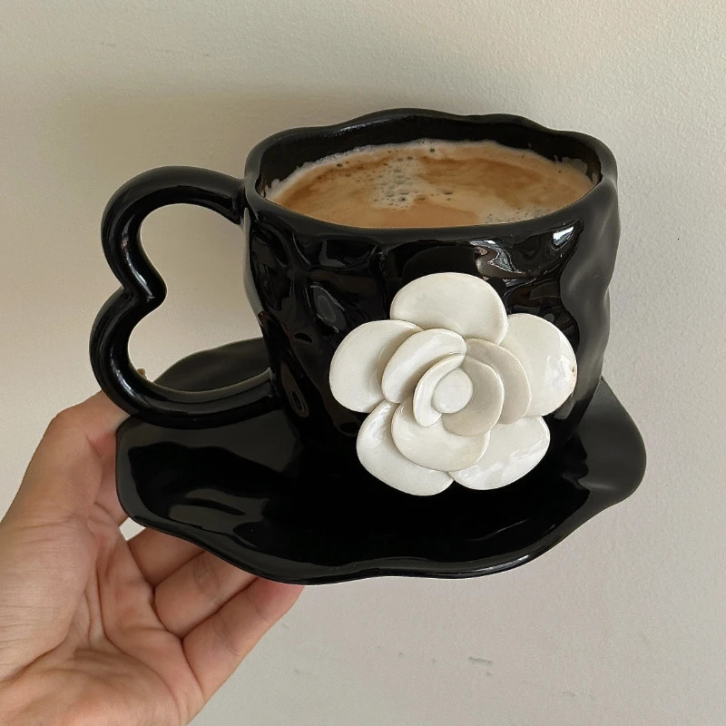Handmade 3D Camellia Flower Black Coffee Afternoon Tea Cup Plate Ceramic Cup Gift Cup 240626