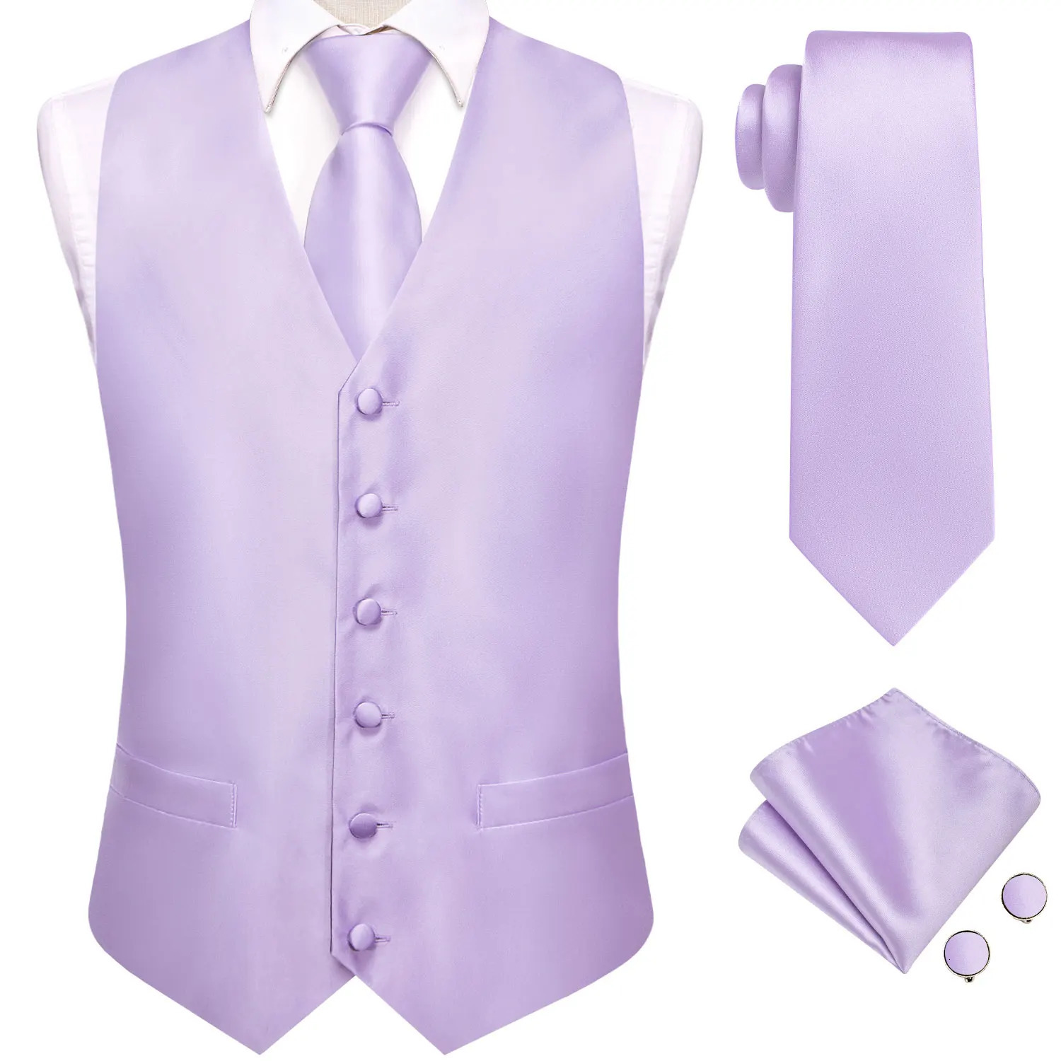 Hi-Tie Solid Voilet Lilac Silk Mens Suit Vest 4PC Woven Waistcoat Tie Pocket Square Cufflink Business Wedding Dress Waist Jacket 240615