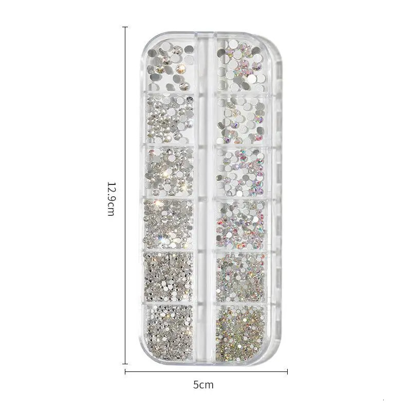 Nail Art Water Diamond 6/12 Grid Box Nail Beads AB Crystal Flat Back Pearl Gemstone with Storage Manager Used for Nail Decoration 240625