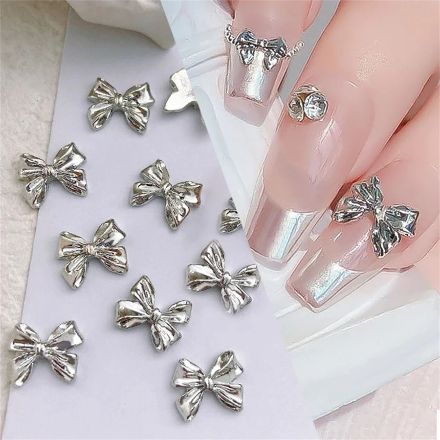 10 pieces/bag Metal 3D Bow Grey Gold Jewelry Nail Art Decoration Studs Charming Rhinestone Handmade Decoration DIY Women 240625