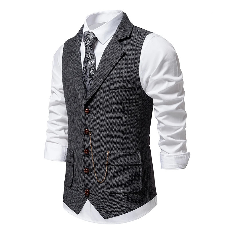 Mens Retro Lapel Chain Vest Fashion Herringbone Coarse Tweed Pockets Suit Vest British Casual Vintage Gentleman Leisure Party 240615
