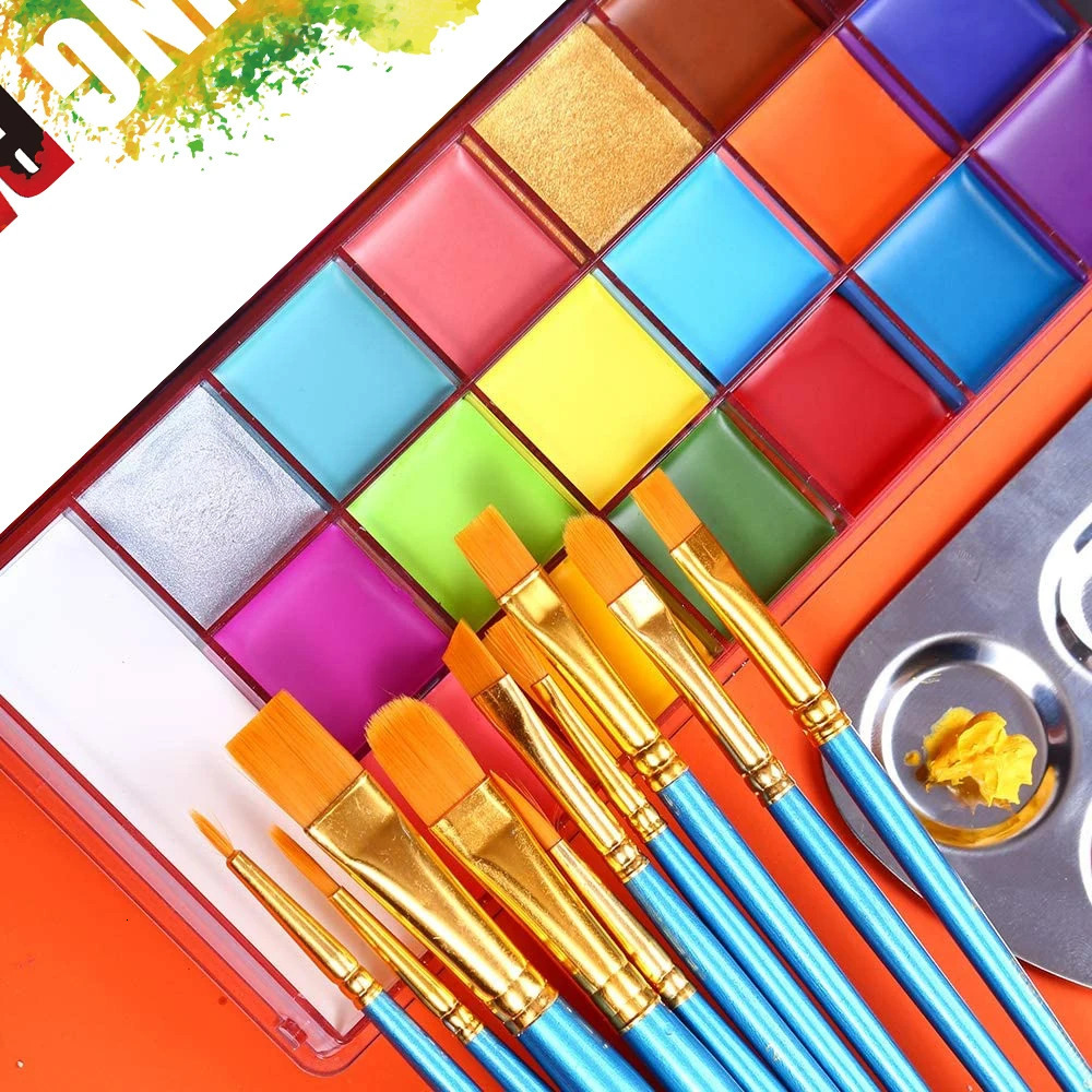 Face Body Paint Palette Brushes Reusable Stencils Vibrant Colors Easy-to-Apply - Perfect for Halloween Cosplay Parties 240626