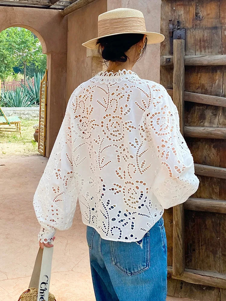 GypsyLady France Elegant Chic Shirt Blouse Floral Embroidery White Cotton Hollow Out Sexy Long Sleeve Women Holiday Ladies Tops 240625