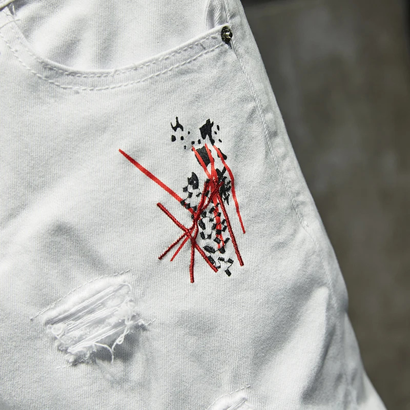 Fashion Trendy Embroidery letters Men College Boys Skinny Runway Zipper Denim Pants Destroyed Ripped Jeans Black White Jeans 240618