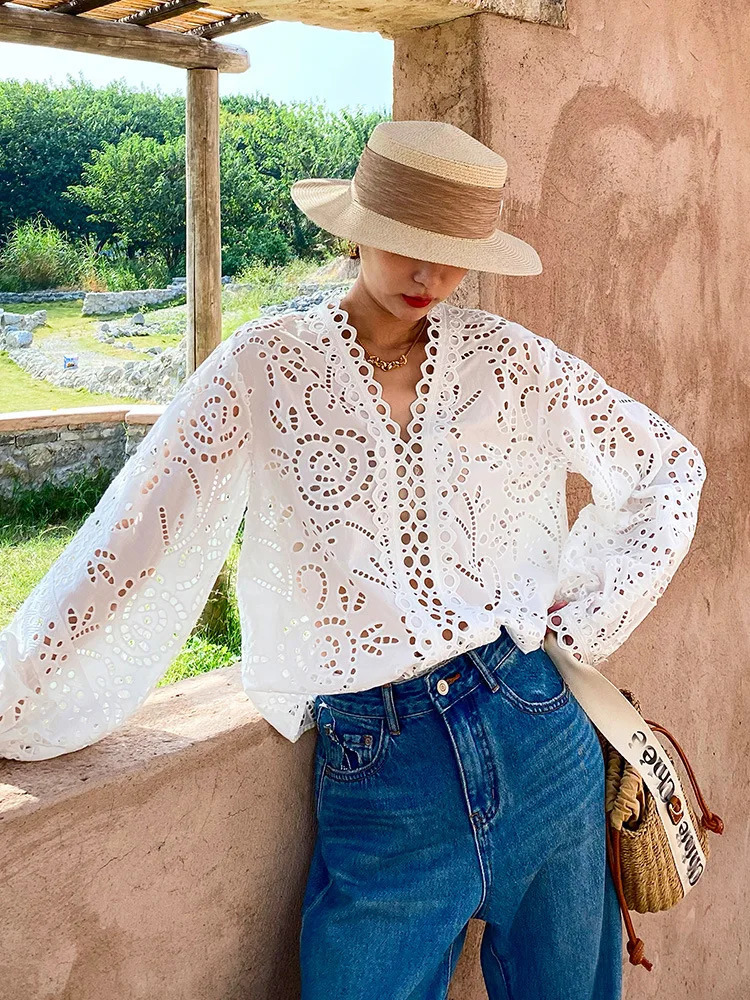 GypsyLady France Elegant Chic Shirt Blouse Floral Embroidery White Cotton Hollow Out Sexy Long Sleeve Women Holiday Ladies Tops 240625