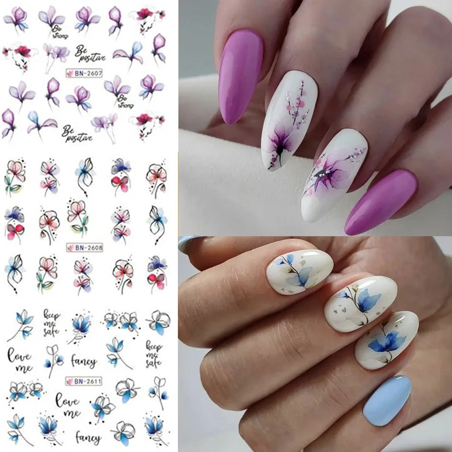 12 piece nail sticker set summer watercolor nail art ink flower leaf graffiti slider for nail decoration foil tattoo 240625