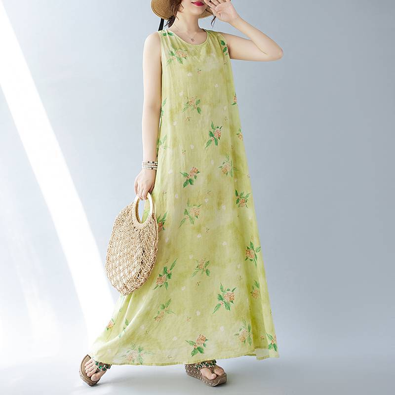 Sleeveless round neck printed dress, oversized women's new Bohemian vacation summer
