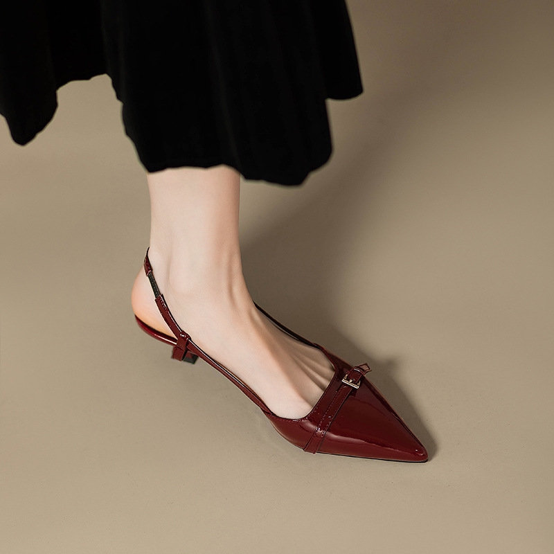 Thin heel women's pointed toe patent leather new hollow back sandals versatile retro 2024 summer French toe sandals red