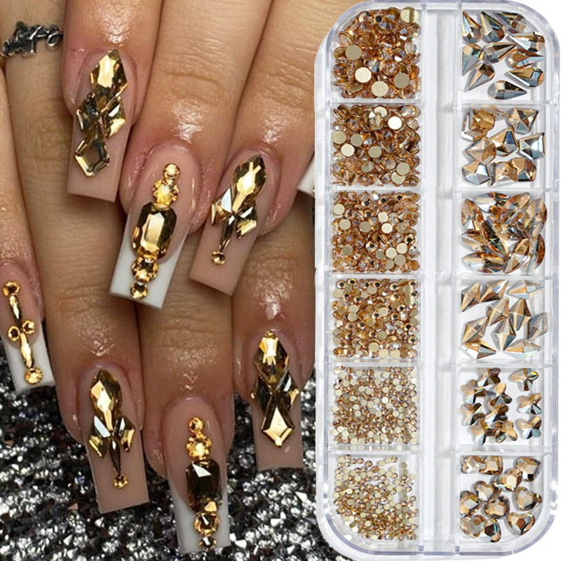 12 Grid/Box Crystal Nail Art Rhinestone Glass SS4-SS16 Nail Shining Tablet 3D DIY Nail Art Decoration 240625
