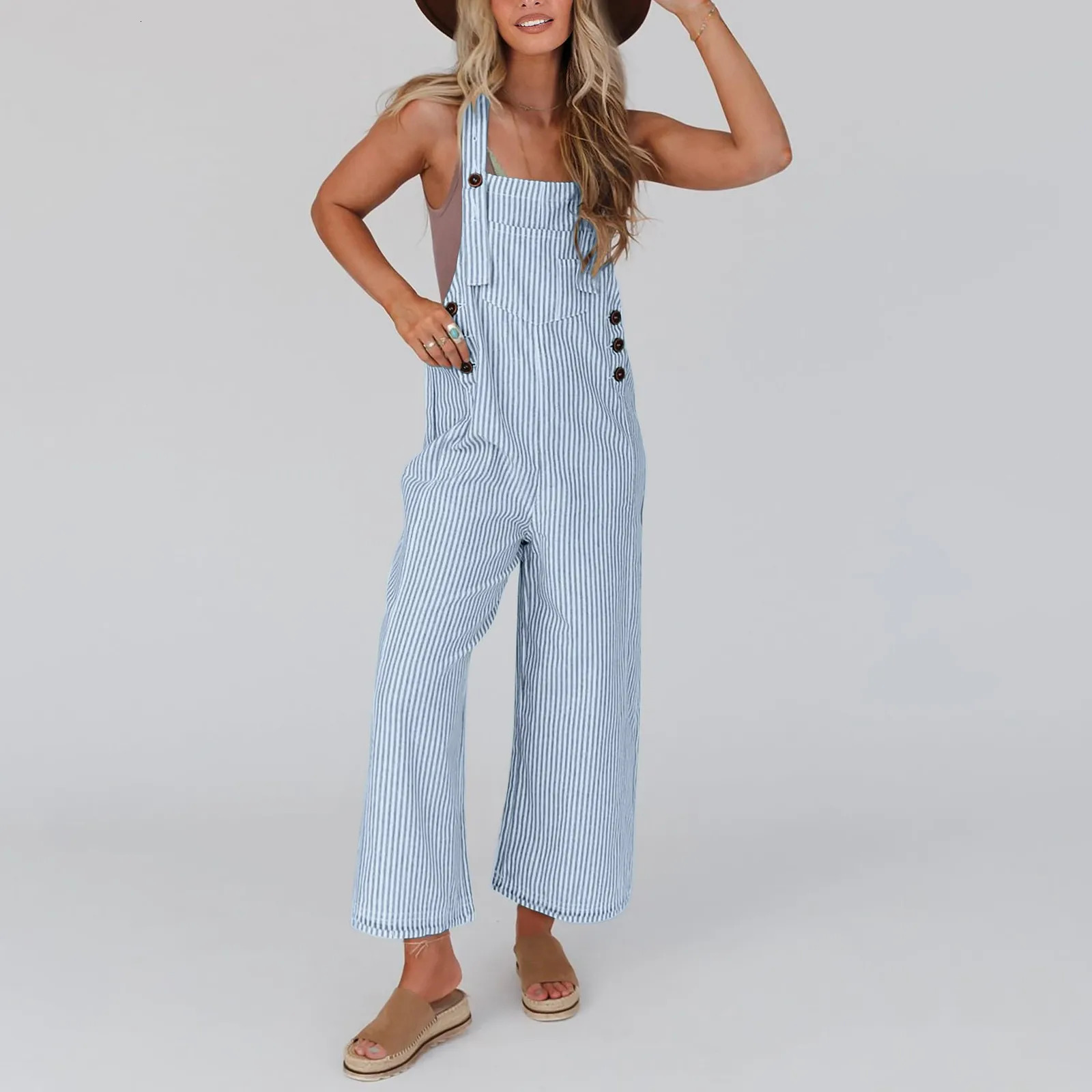Fashion Women Girls Loose Stripe Jumpsuit Strap Dungaree Wide Leg Trousers Ladies Overall Pants Casual Playsuits Plus Size M-3xl 240626