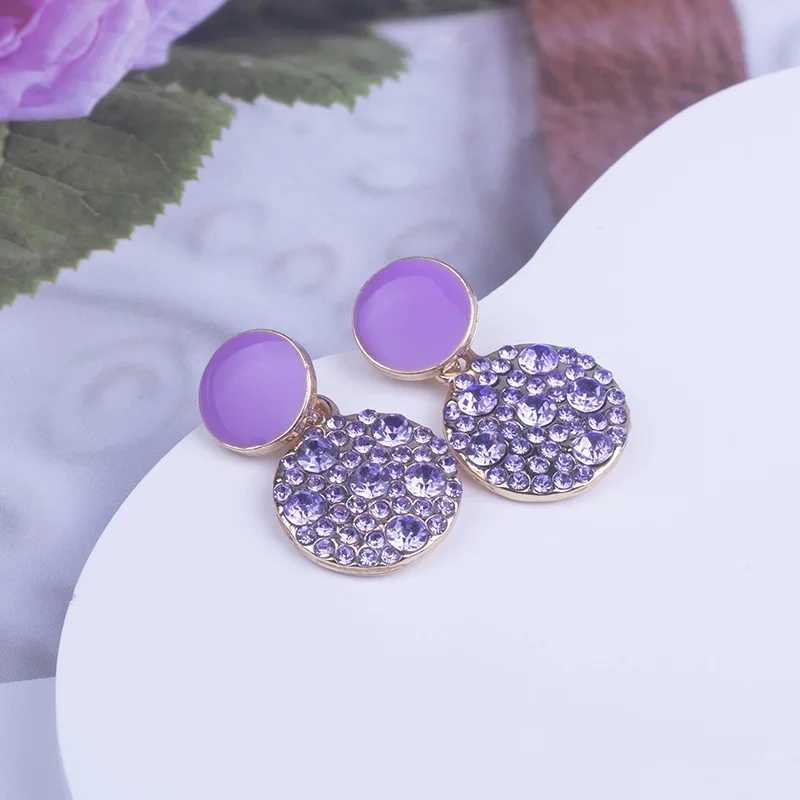 Charm Trendy Purple Rhinestones Drop Earrings for Women Enamel Oil Geometry Metal Round Dangle Earrings Party Jewelry Wholesale Gift