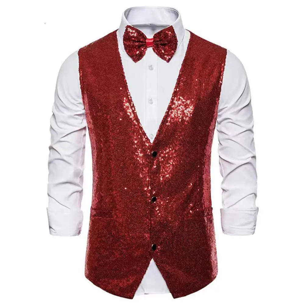 Men Sequin Waistcoat Sleeveless Slim Fit Shiny Blazer Vest Party Wedding Waistcoat Suit Vest Men Stage Performance Sequin Vest 240615