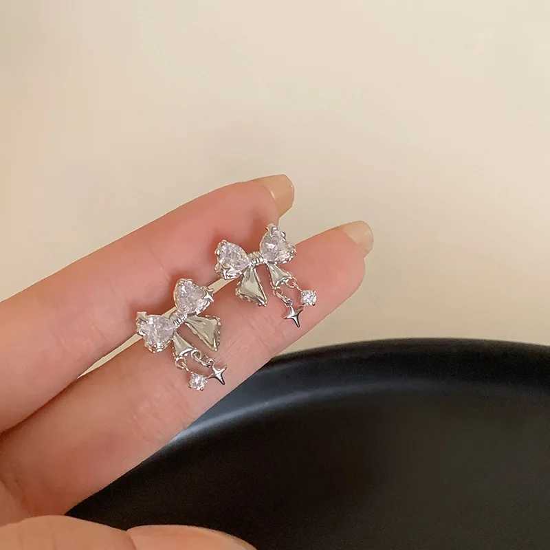 Charm Sweet Silver Color Shine Crystal Bow Knot Earrings for Women Summer Trendy Cute Star Rhinestones Pendant Drop Earrings Jewelry