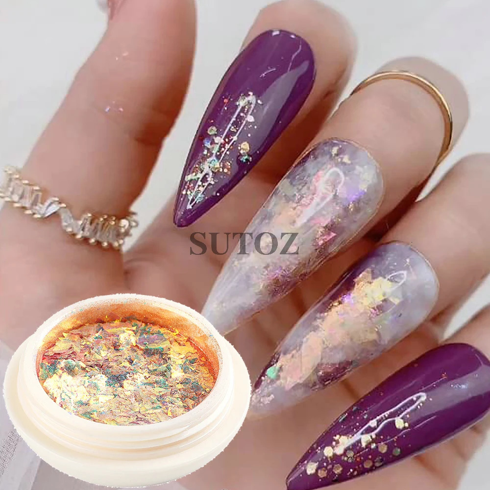Crystal Opal Nail Flakes Pink Purple Holographic Glitter Nail Sequins Aurora Chrome Foil Powder DIY Manicure Decoration GLB-ONB 240625
