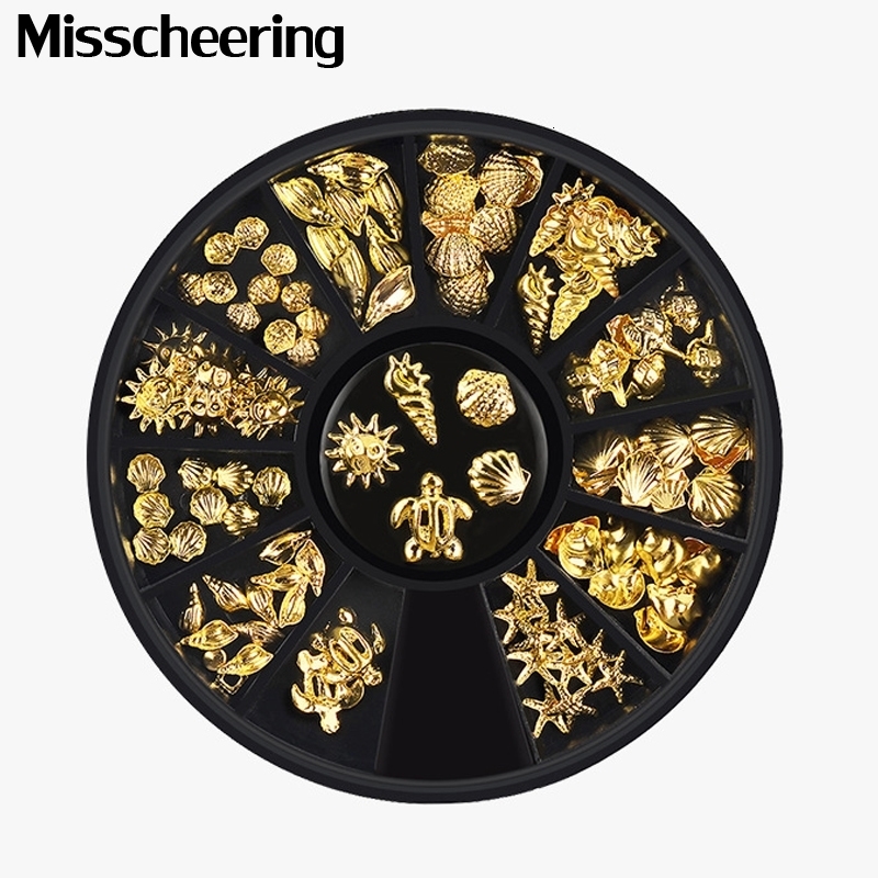 1 box of gold ocean themed metal studs starfish shells turtle pieces 3D nail art decoration wheels DIY UV handmade tools 240625