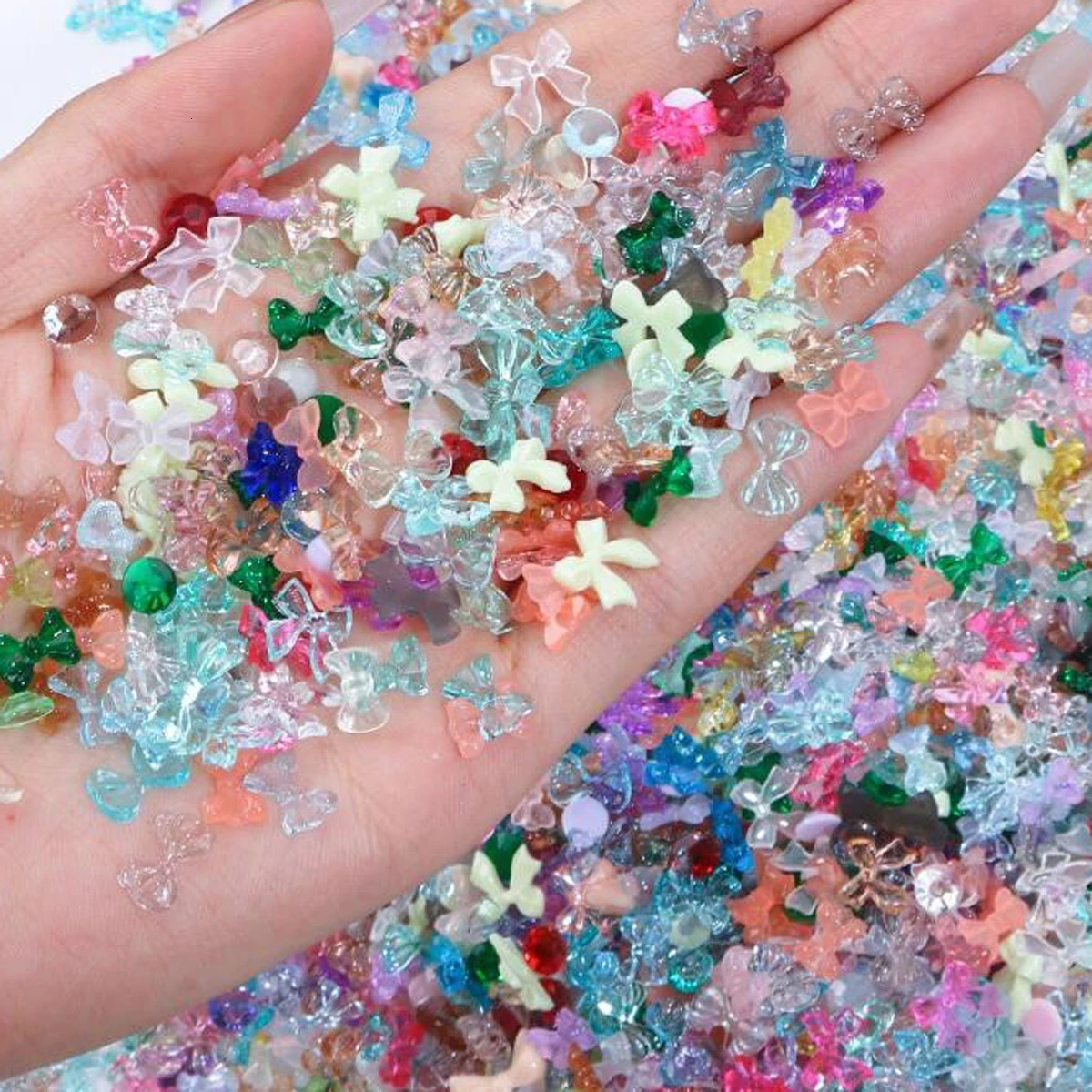 600pcs Mixed Resin Bow Nail Rhinestone Colorful Jelly Transparent Cute Ribbon Bow Nail Charm Flat Back Gemstone Handmade Decoration #Q 240625