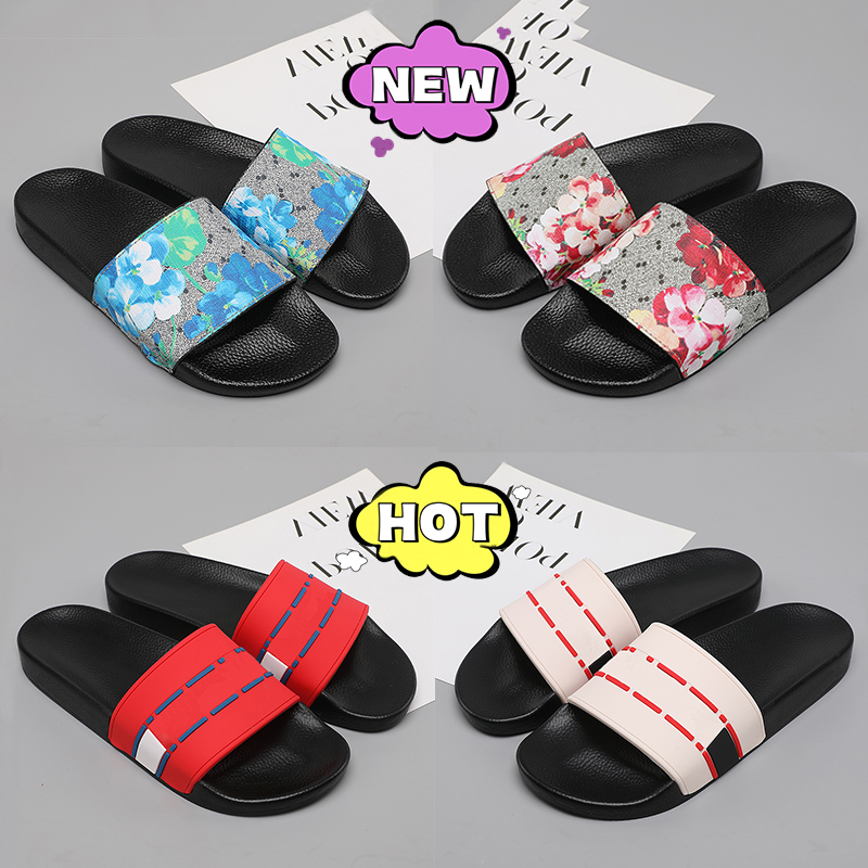 With box designer slippers men women sandals black floral rubber slide pink canvas blue flowers beach Flip Flops slipper summer shoes mens flat sandal luxury slides