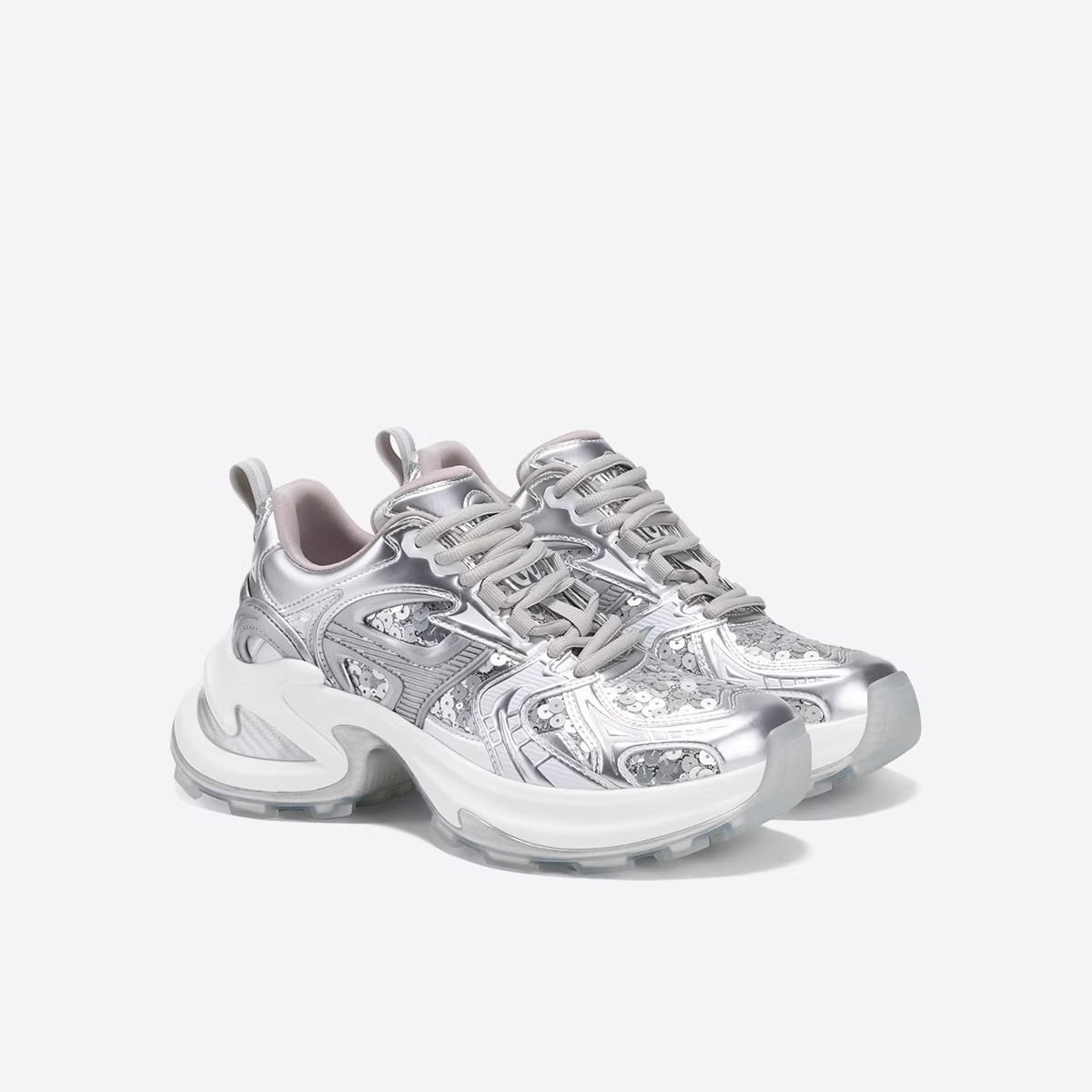 Paris Silver Sequins Thick Bottom Height Enhancement Pop Shoes Women's 2024 Summer New Fashion Mesh Breathable Sneakers 232