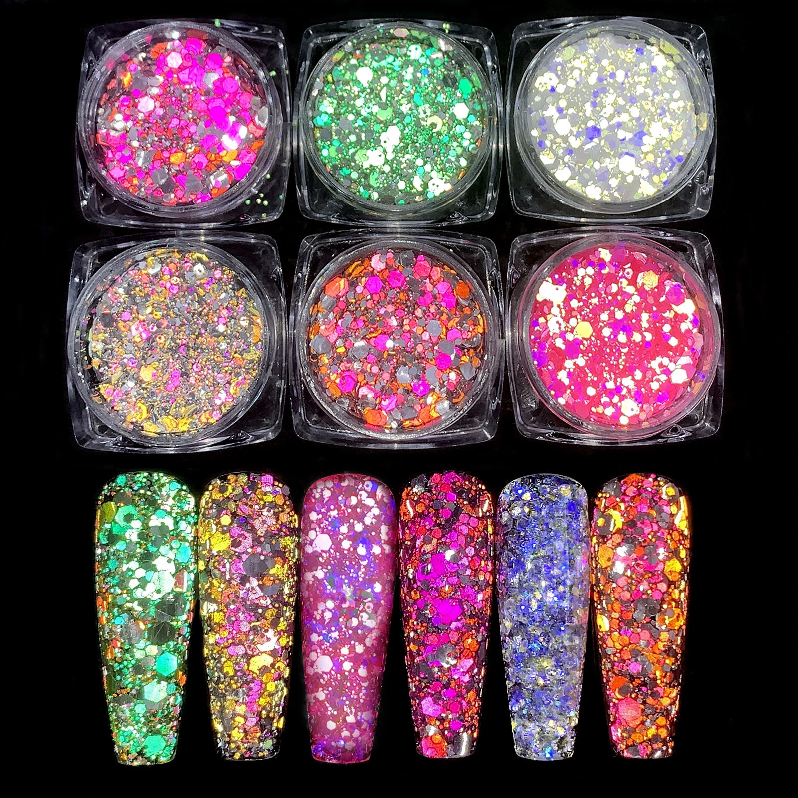 6pcs/set Reflective Flash Glitter Nail Powder Flash Disco Crystal Diamond Chrome Pigment Dipping Powder Party Sparkly 240625