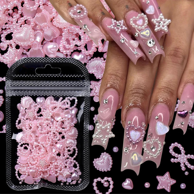 100 pieces of pearl pink bow heart-shaped mixed nail decoration Kawaii nail art charm star butterfly DIY nail accessories 240625